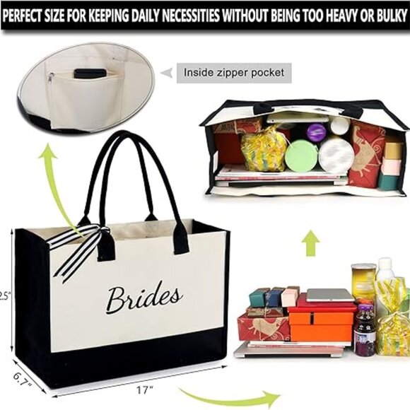 Monogram Initial Canvas Bag with Inner Zipper Pocket Embroidery Personalized Bag - Picture 5 of 6